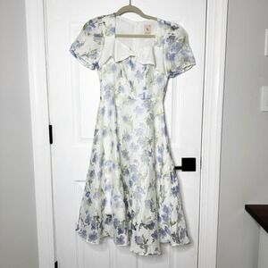 Lep White Blue Floral Puff Sleeve Square Neck Bow Midi Dress Size M